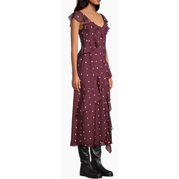 Jason Wu Paint Dot Silk Chiffon Midi-Dress in Burgundy Multi NWT Size 12 - Picture 4 of 11